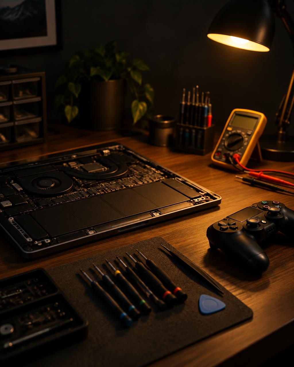 Repair workbench with an open laptop, precision screwdrivers, multimeter and game controller